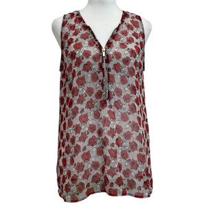 The Kooples Red Rose Printed Front Zip Sheer Sleeveless Blouse
